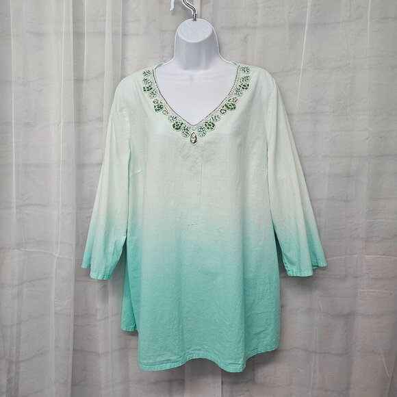 Krazy Kat Green Ombre Beaded Blouse Peasant Hippie Beach Festival L - Picture 12 of 12